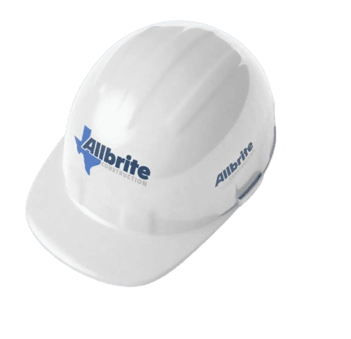White construction safety helmet with blue logo.